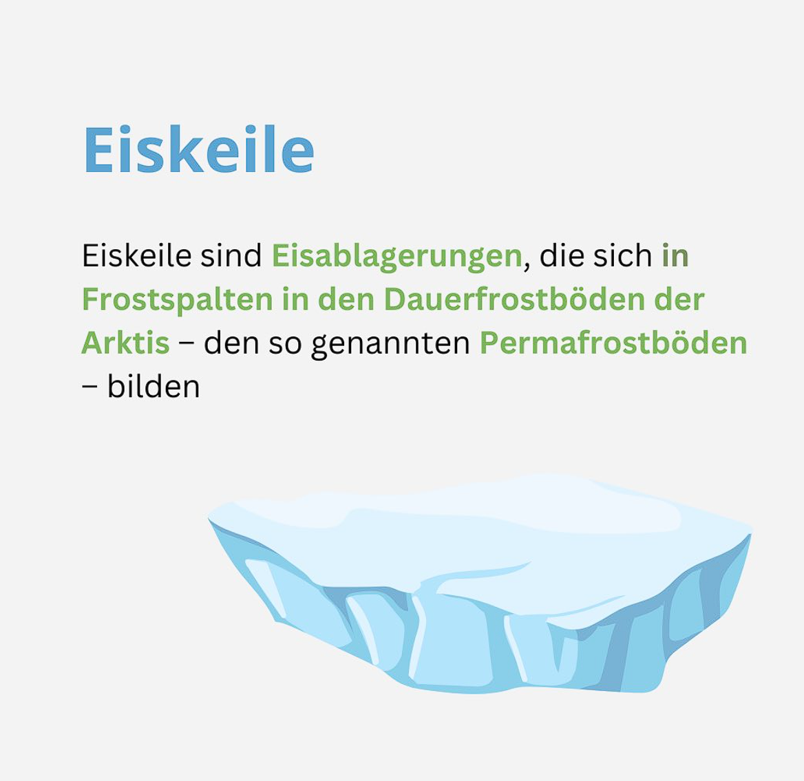 Eiskeile sind Ablagerungen, die sich in Frostspalten in den Dauerfrostböden der Aktis - den so genannten Permafrostböden - bilden.