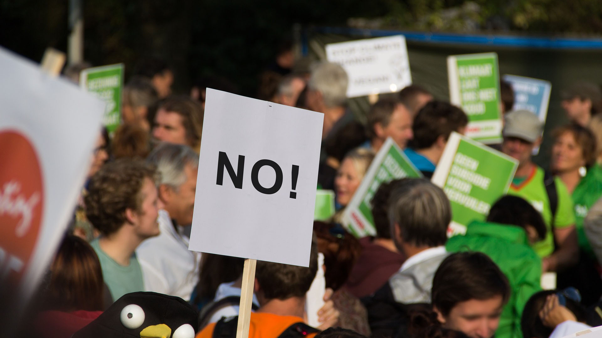 Menschen, die gemeinsam protestieren und Protestbilder halten.