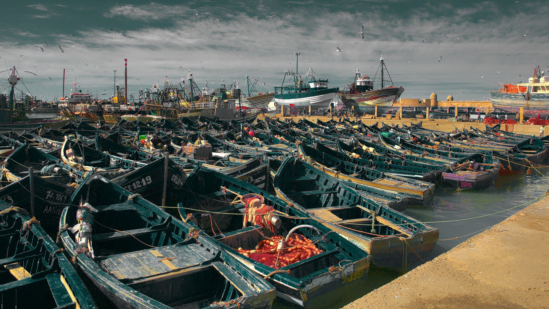 Ein Hafen mit vielen Booten, in einer düsteren Atmosphäre.