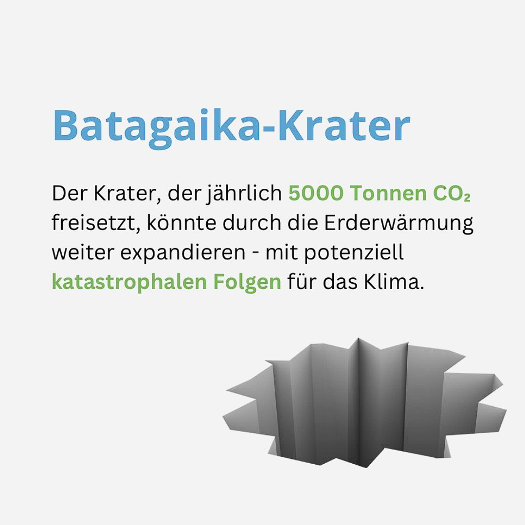 Beitragsbild zum Begriff „Batagaika-Krater". Der Krater, der jährlich 5000 Tonnen CO2 freisetzt, könnte durch die Erderwärmung weiter expandieren - mit potenziell katastrophalen Folgen für das Klima.