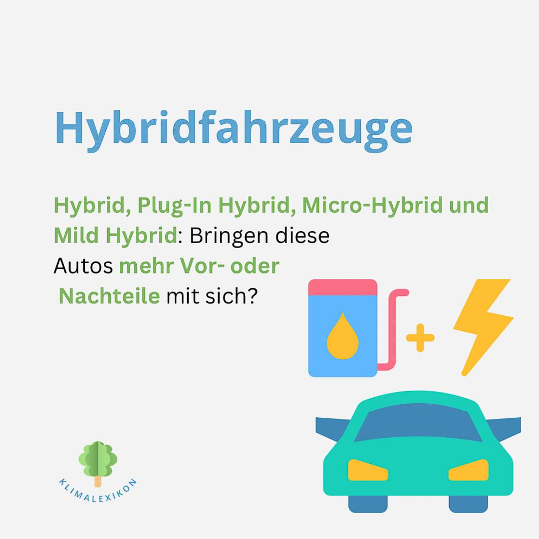 Beitragsbild zum Thema „Hybridfahrzeug". Beschriftung: Hybrid, Plug-In-Hybrid, Microhybrid und Mild-Hybrid. Bringen diese Autos mehr Vor- oder Nachteile mit sich?